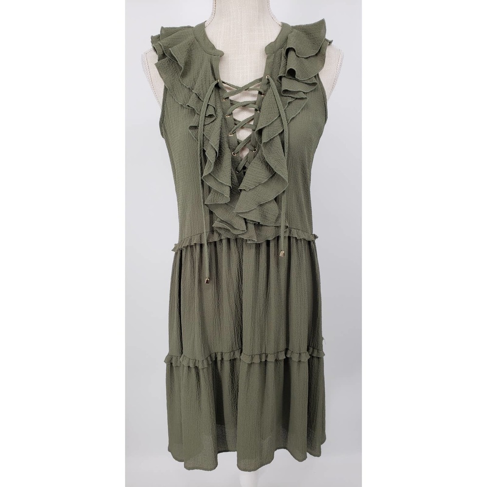 3/$25 Cupio High Low Dress S Ruffle Trim Lace Up V Neck A Line Green NWT